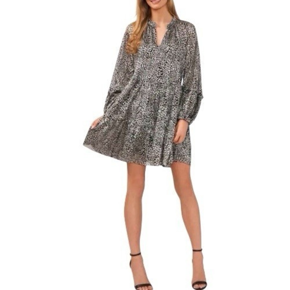 CeCe Dress  1X Tiered Reflective Cheetah Print Sheer‎ Long Sleeves Fully Lined
